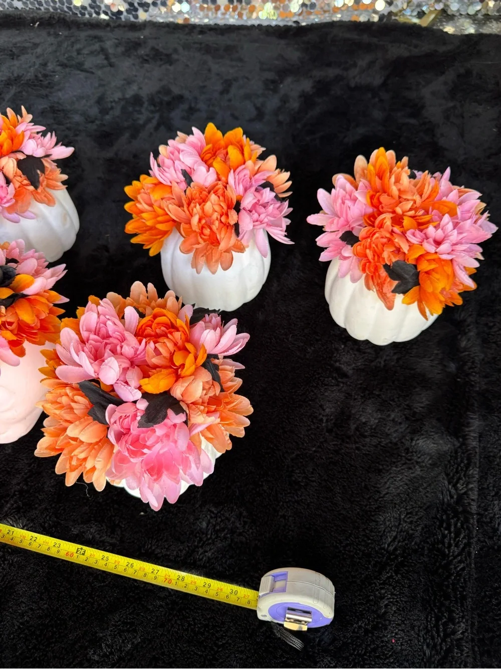 Set of 10 Faux Floral Pumpkin & Skull Centerpieces in Pink, Orange and Black